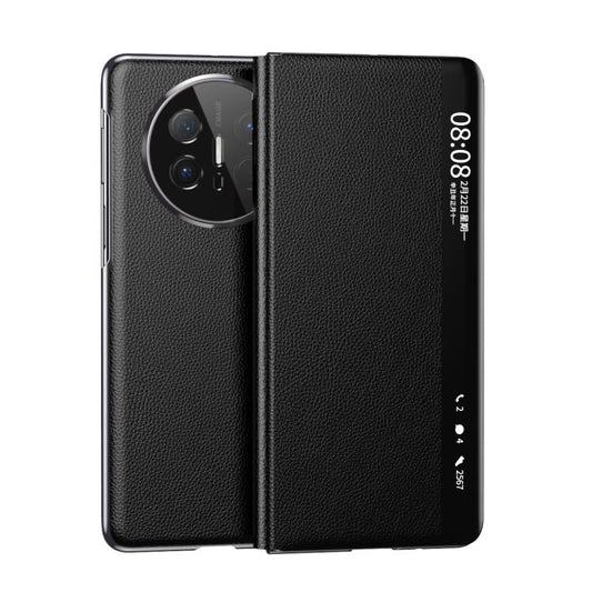 For Huawei Mate X6 Electroplating Litchi Pattern Grain Leather Smart Window MagSafe Phone Leather Case(Black) - Huawei Cases by PMC Jewellery | Online Shopping South Africa | PMC Jewellery | Buy Now Pay Later Mobicred