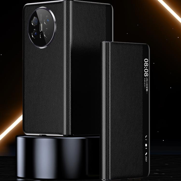 For Huawei Mate X6 Electroplating Litchi Pattern Grain Leather Smart Window MagSafe Phone Leather Case(Black) - Huawei Cases by PMC TechLife | Online Shopping South Africa | PMC TechLife | Buy Now Pay Later Mobicred