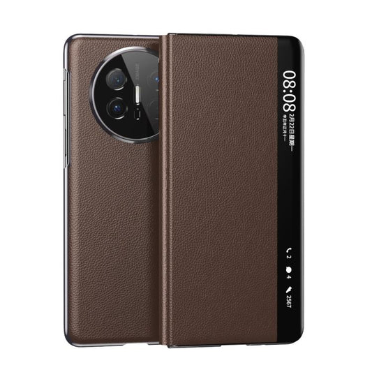 For Huawei Mate X6 Electroplating Litchi Pattern Grain Leather Smart Window MagSafe Phone Leather Case(Coffee) - Huawei Cases by PMC Jewellery | Online Shopping South Africa | PMC Jewellery | Buy Now Pay Later Mobicred