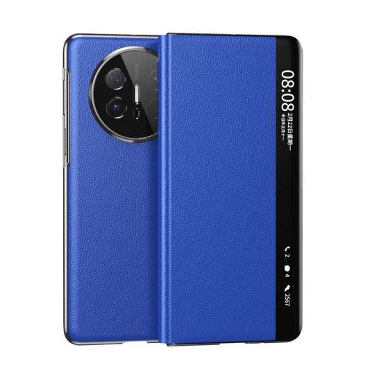 For Huawei Mate X6 Electroplating Litchi Pattern Grain Leather Smart Window MagSafe Phone Leather Case(Blue) - Huawei Cases by PMC Jewellery | Online Shopping South Africa | PMC Jewellery | Buy Now Pay Later Mobicred