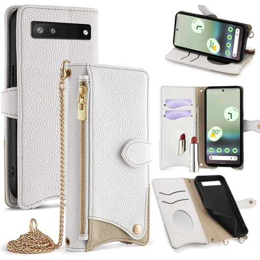 For Google Pixel 6a Crossbody Chain Fishtail Litchi Leather Phone Case(White) - Google Cases by PMC Jewellery | Online Shopping South Africa | PMC Jewellery | Buy Now Pay Later Mobicred