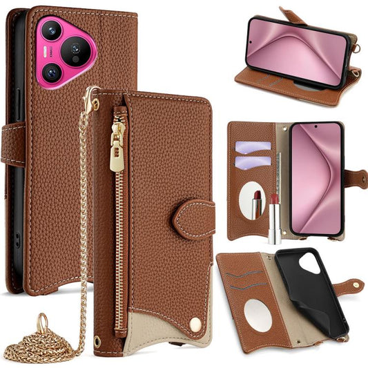 For Huawei Pura 70 Crossbody Chain Fishtail Litchi Leather Phone Case(Brown) - Huawei Cases by PMC Jewellery | Online Shopping South Africa | PMC Jewellery | Buy Now Pay Later Mobicred