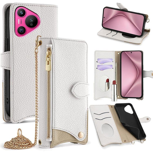 For Huawei Pura 70 Crossbody Chain Fishtail Litchi Leather Phone Case(White) - Huawei Cases by PMC Jewellery | Online Shopping South Africa | PMC Jewellery | Buy Now Pay Later Mobicred