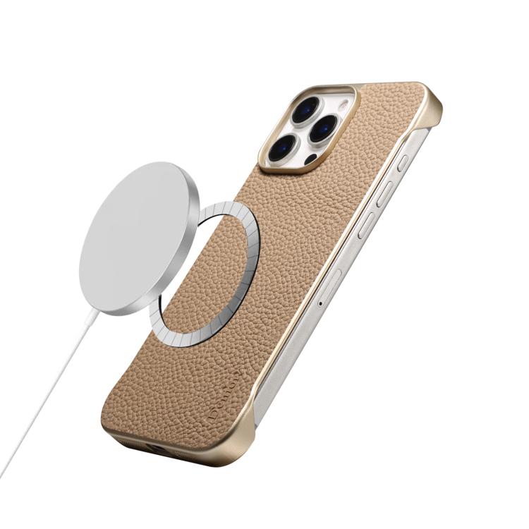 For iPhone 15 Plus / 14 Plus Denior A20 Genuine Leather Litchi Texture MagSafe Frameless Phone Case(Khaki) - free shipping - PMc TechLife - Order now!