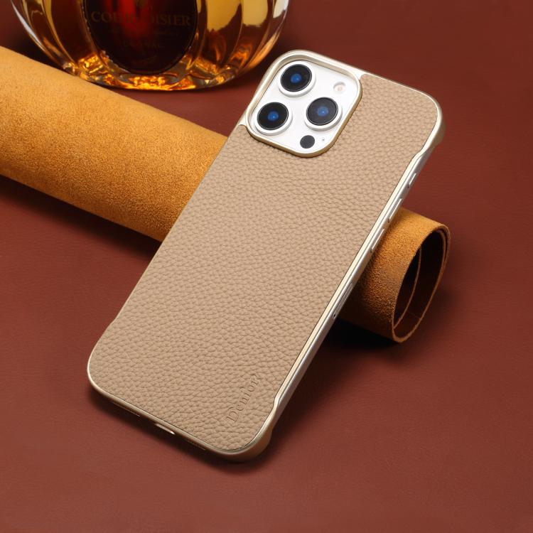 For iPhone 16 Pro Denior A20 Genuine Leather Litchi Texture MagSafe Frameless Phone Case(Khaki) - free shipping - PMc TechLife - Order now!