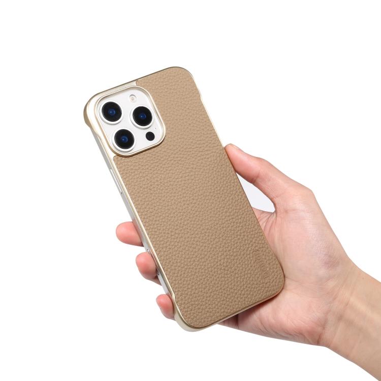 For iPhone 16 Pro Denior A20 Genuine Leather Litchi Texture MagSafe Frameless Phone Case(Khaki) - free shipping - PMc TechLife - Order now!