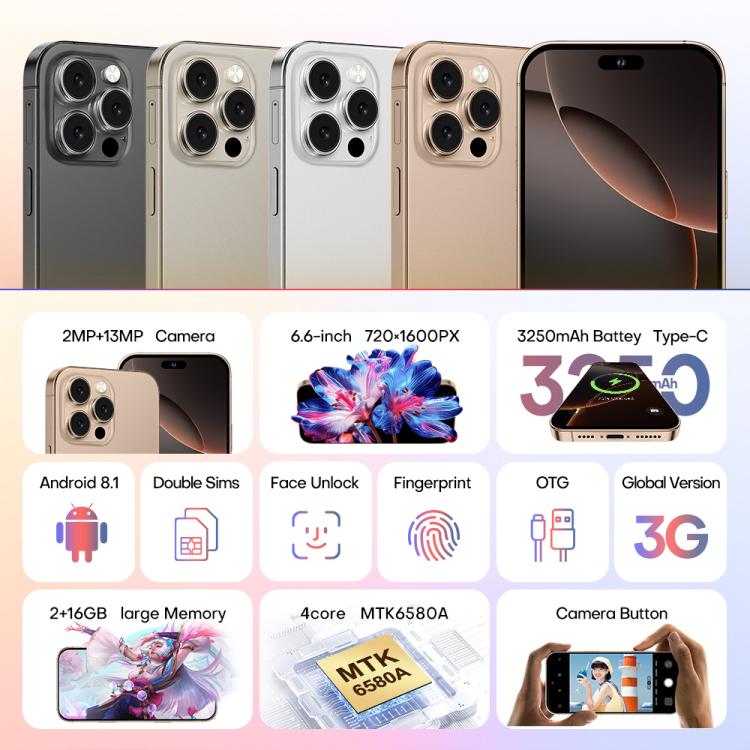 A88 / i16 Pro Max, 2GB+16GB, 6.6 inch Android 8.1 MTK6580A Quad Core, OTG, Network: 3G, Dual SIM, Plug:AU Plug(Titanium White) - free shipping - PMc TechLife - Order now!