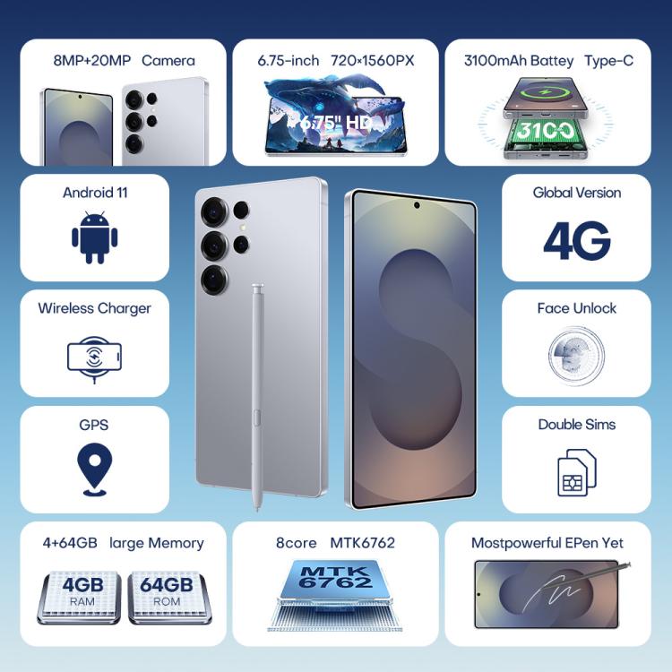 F102 / S25 Ultra, 4GB+64GB, 6.75 inch Android 11 MTK6762 Octa Core, Network: 4G, Dual SIM, Support Wireless Charging, Plug:AU Plug(Titanium Blue) - free shipping - PMc TechLife - Order now!