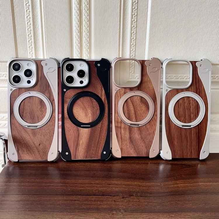 For iPhone 15 Pro Walnut Metal Frameless 360 Degree Rotation Holder MagSafe Phone Case(Silver) - free shipping - PMC TechLife - Order now!