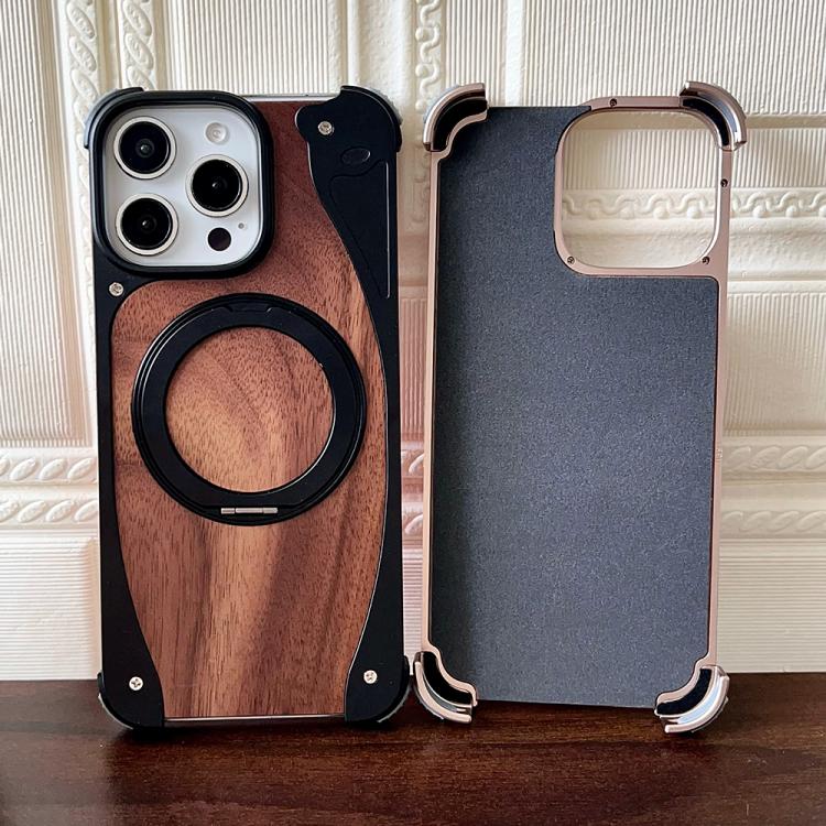For iPhone 16 Pro Walnut Metal Frameless 360 Degree Rotation Holder MagSafe Phone Case(Silver) - free shipping - PMC TechLife - Order now!