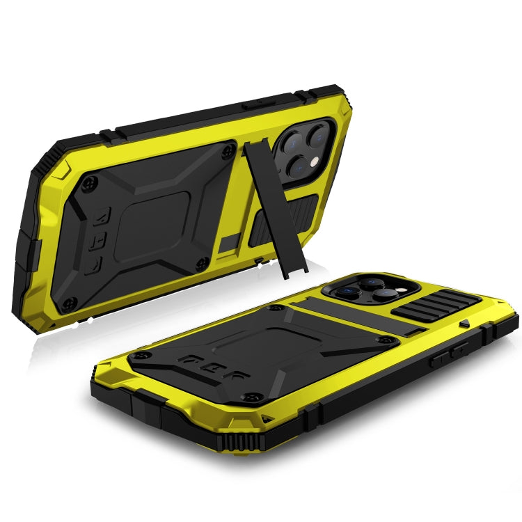 For iPhone 12 / 12 Pro R-JUST Shockproof Waterproof Dust-proof Metal + Silicone Protective Case with Holder(Yellow) - iPhone 12 / 12 Pro Cases by R-JUST | Online Shopping South Africa | PMC TechLife | Buy Now Pay Later Mobicred