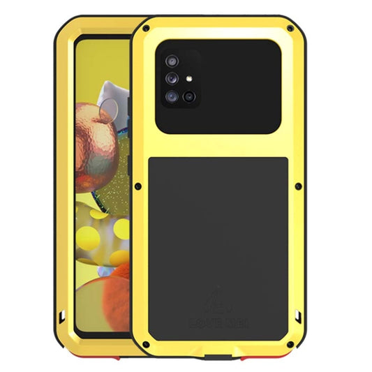 For Samsung Galaxy A51 5G LOVE MEI Metal Shockproof Waterproof Dustproof Protective Case with Glass(Yellow) - Galaxy Phone Cases by LOVE MEI | Online Shopping South Africa | PMC Jewellery | Buy Now Pay Later Mobicred