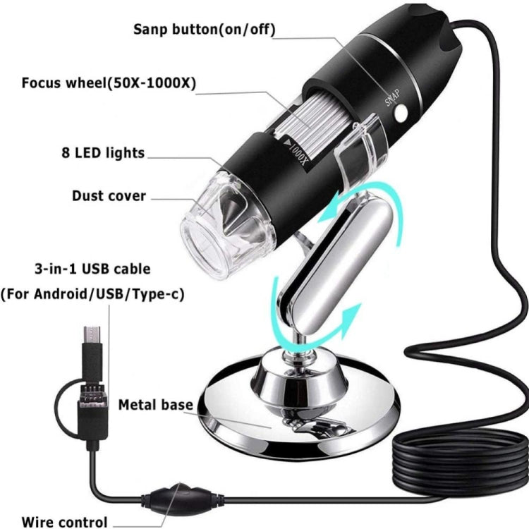 1600X Magnifier HD Image Sensor 3 in 1 USB Digital Microscope with 8 LED & Professional Stand (Grey) - free shipping - PMC TechLife - Order now!