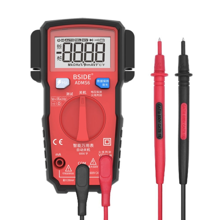 BSIDE ADMS6 High-precision Fully Automatic Small Digital Intelligent Multimeter with HD Digital Display & Shockproof Cover, Support Function Range Switch & Double-sided Pen Holder (Red) - Digital Multimeter by PMC Jewellery | Online Shopping South Africa | PMC Jewellery | Buy Now Pay Later Mobicred