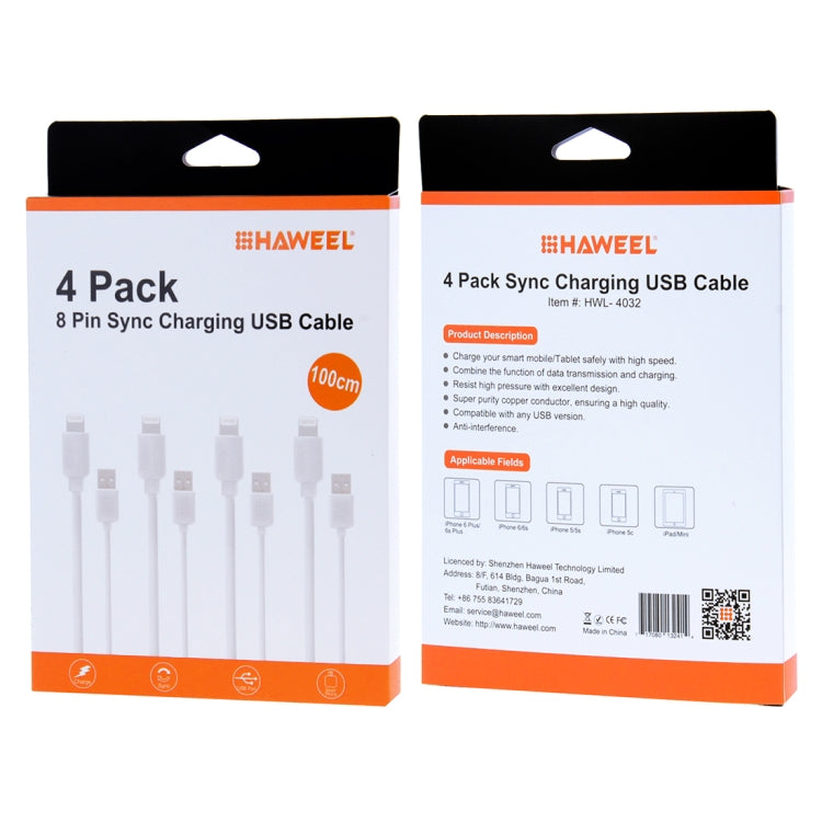 4 PCS HAWEEL 1m High Speed 8 pin to USB Sync and Charging Cable Kit for iPhone, iPad(White) - Normal Style Cable by PMC Jewellery | Online Shopping South Africa | PMC Jewellery | Buy Now Pay Later Mobicred