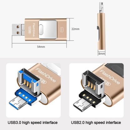 32GB USB 3.0 + 8 Pin + Mirco USB Android iPhone Computer Dual-use Metal Flash Drive (Gold) - U Disk & Card Reader by PMC Jewellery | Online Shopping South Africa | PMC Jewellery | Buy Now Pay Later Mobicred