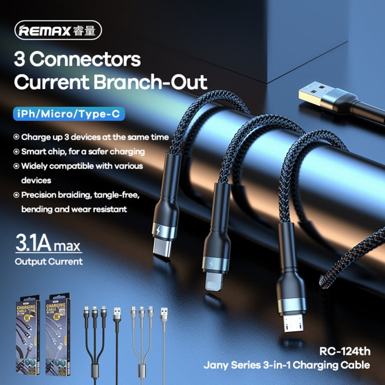 REMAX RC-124th Jany Series 3.1A 3 in 1 USB to Type-C + 8 Pin + Micro USB Charging Cable, Cable Length: 1.2m(Silver) - Multifunction Cable by REMAX | Online Shopping South Africa | PMC Jewellery | Buy Now Pay Later Mobicred