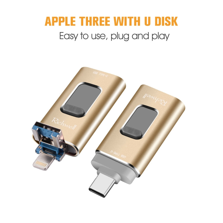 Richwell 3 in 1 32G Type-C + 8 Pin + USB 3.0 Metal Push-pull Flash Disk with OTG Function(Gold) - U Disk & Card Reader by Richwell | Online Shopping South Africa | PMC Jewellery | Buy Now Pay Later Mobicred