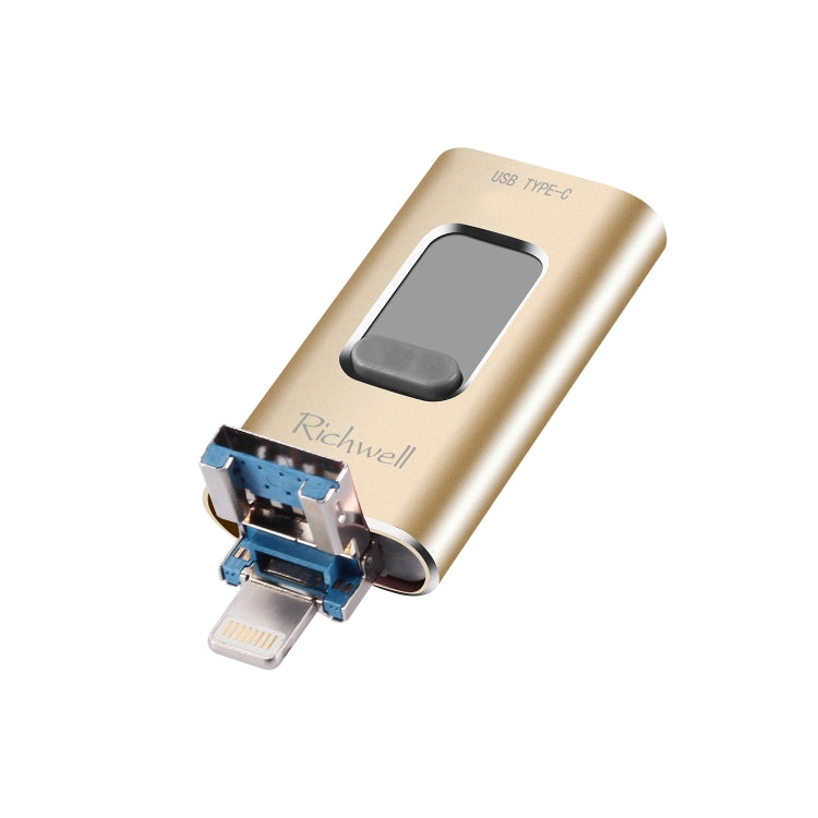 Richwell 3 in 1 128G Type-C + 8 Pin + USB 3.0 Metal Push-pull Flash Disk with OTG Function(Gold) - U Disk & Card Reader by Richwell | Online Shopping South Africa | PMC Jewellery | Buy Now Pay Later Mobicred