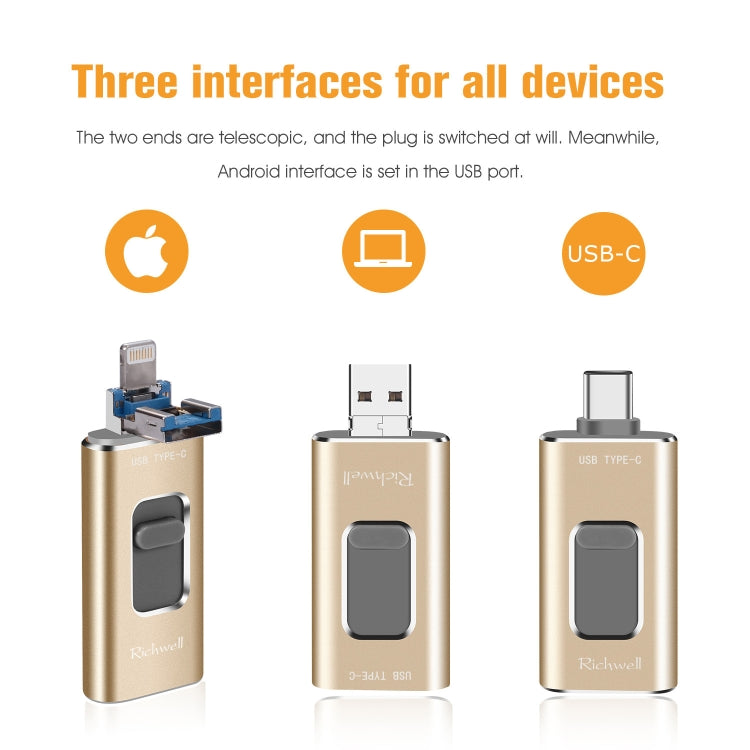 Richwell 3 in 1 128G Type-C + 8 Pin + USB 3.0 Metal Push-pull Flash Disk with OTG Function(Silver) - free shipping - PMC Jewellery - Order now!