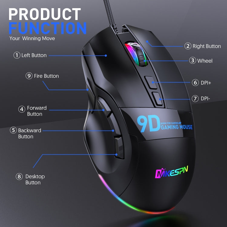 MKESPN X10 9-Buttons RGB Wired Full Speed Macro Definition Gaming Mouse - Wired Mice by MKESPN | Online Shopping South Africa | PMC Jewellery | Buy Now Pay Later Mobicred