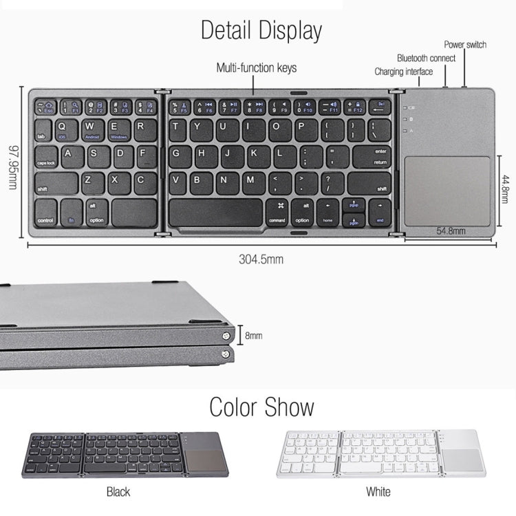 B033 Rechargeable 3-Folding 64 Keys Bluetooth Wireless Keyboard with Touchpad(Grey) - Wireless Keyboard by PMC Jewellery | Online Shopping South Africa | PMC Jewellery | Buy Now Pay Later Mobicred