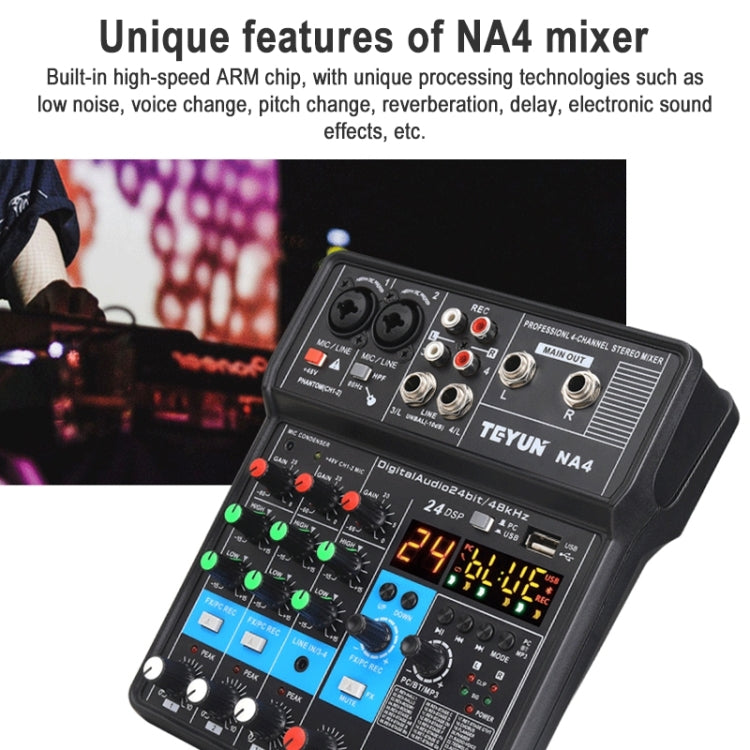 TEYUN NA4 4-channel Small Mixing Console Mobile Phone Sound Card Live Broadcast Computer Recording Console Processor, US Plug(Black) - Live Sound Effects Processors by TEYUN | Online Shopping South Africa | PMC Jewellery | Buy Now Pay Later Mobicred