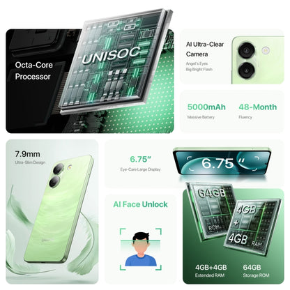 [HK Warehouse] UMIDIGI G9A, 4GB+64GB, Face ID Identification, 6.75 inch Android 14 Go UNISOC SC9863A Octa Core, Network: 4G (Galaxy Green) - UMIDIGI by UMIDIGI | Online Shopping South Africa | PMC Jewellery | Buy Now Pay Later Mobicred