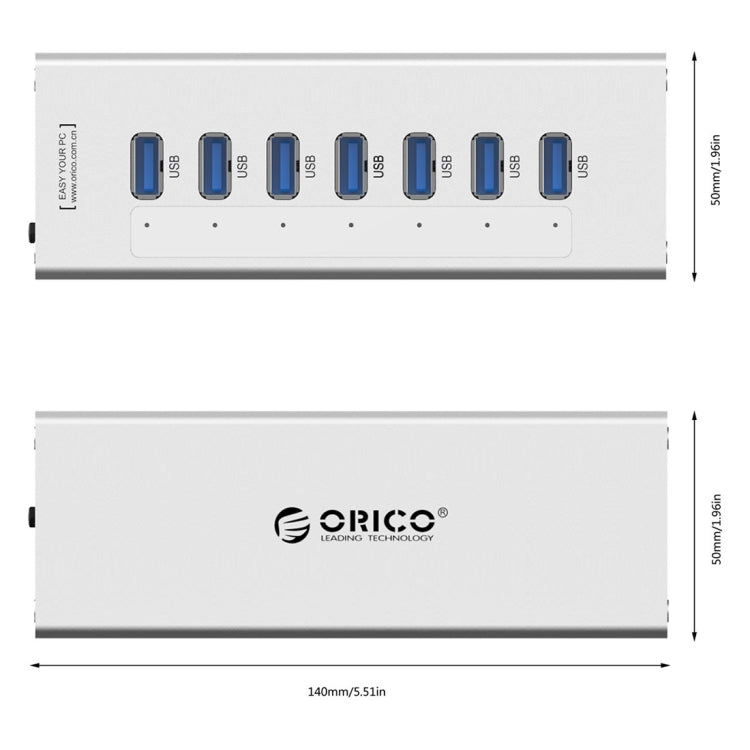 ORICO A3H7 Aluminum High Speed 7 Ports USB 3.0 HUB with 12V/2.5A Power Supply for Laptops(Silver) - USB 3.0 HUB by ORICO | Online Shopping South Africa | PMC Jewellery | Buy Now Pay Later Mobicred