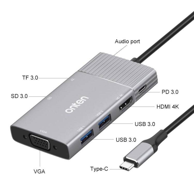 Onten 95113 8 In 1 USB 3.0 x2 + SD / TF + HDMI / VGA + 3.5mm Jack + Type-C / USB-C (PD 3.0) Multi-function HUB Converter Dock Station - USB HUB by Onten | Online Shopping South Africa | PMC Jewellery | Buy Now Pay Later Mobicred