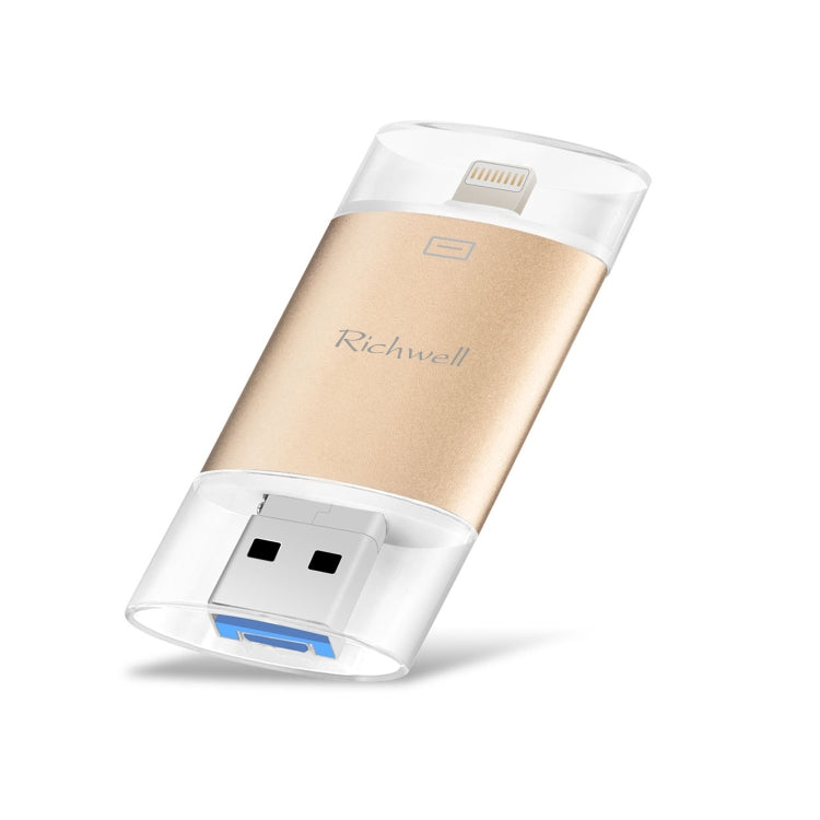 Richwell 3 in 1 64G Type-C + 8 Pin + USB 3.0 Metal Double Cover Push-pull Flash Disk with OTG Function(Gold) - U Disk & Card Reader by Richwell | Online Shopping South Africa | PMC Jewellery | Buy Now Pay Later Mobicred