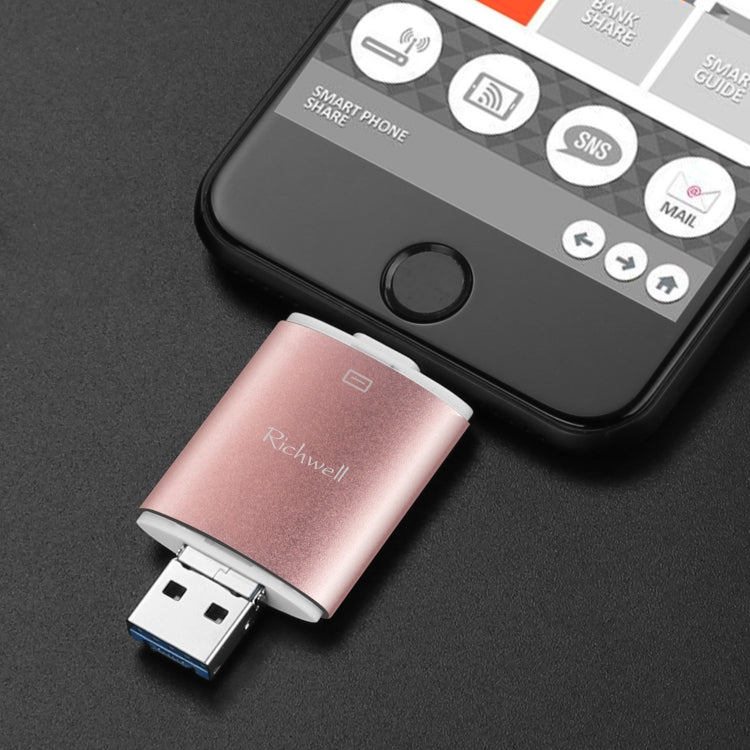 Richwell 3 in 1 16G Type-C + 8 Pin + USB 3.0 Metal Double Cover Push-pull Flash Disk with OTG Function(Rose Gold) - U Disk & Card Reader by Richwell | Online Shopping South Africa | PMC Jewellery | Buy Now Pay Later Mobicred