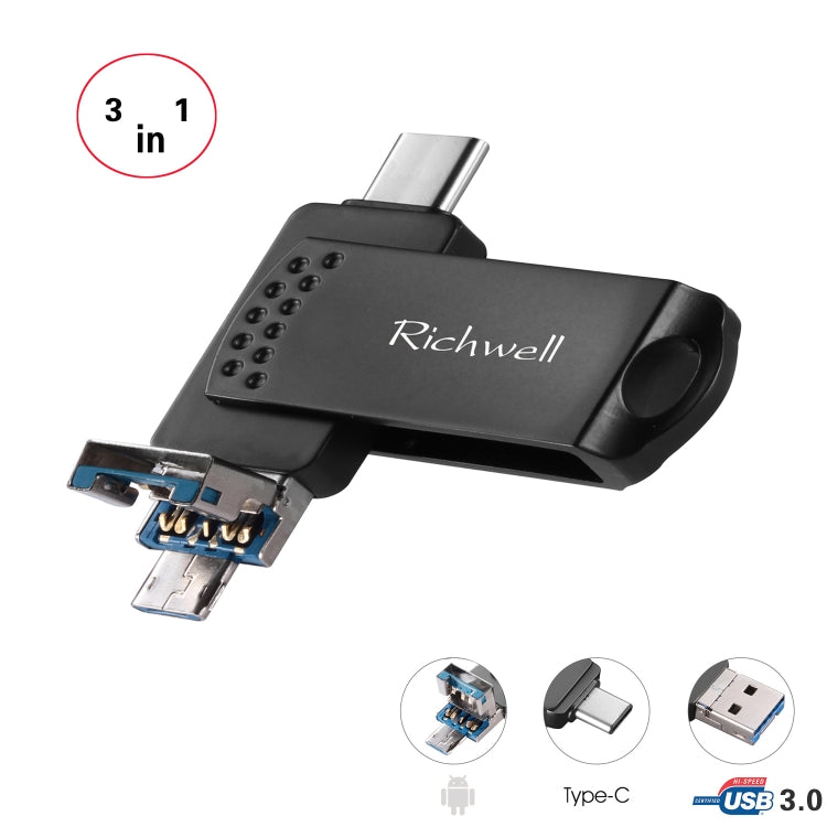 Richwell 3 in 1 16G Type-C + Micro USB + USB 3.0 Metal Flash Disk with OTG Function(Black) - U Disk & Card Reader by Richwell | Online Shopping South Africa | PMC Jewellery | Buy Now Pay Later Mobicred