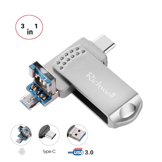 Richwell 3 in 1 64G Type-C + Micro USB + USB 3.0 Metal Flash Disk with OTG Function(Silver) - U Disk & Card Reader by Richwell | Online Shopping South Africa | PMC Jewellery | Buy Now Pay Later Mobicred