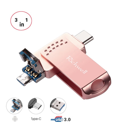 Richwell 3 in 1 128G Type-C + Micro USB + USB 3.0 Metal Flash Disk with OTG Function(Rose Gold) - U Disk & Card Reader by Richwell | Online Shopping South Africa | PMC Jewellery | Buy Now Pay Later Mobicred