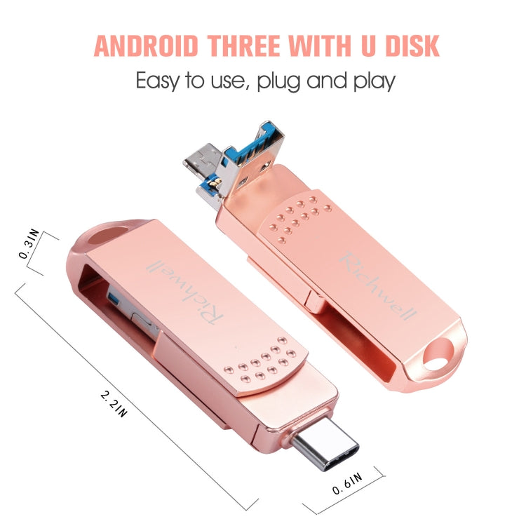 Richwell 3 in 1 128G Type-C + Micro USB + USB 3.0 Metal Flash Disk with OTG Function(Rose Gold) - U Disk & Card Reader by Richwell | Online Shopping South Africa | PMC Jewellery | Buy Now Pay Later Mobicred