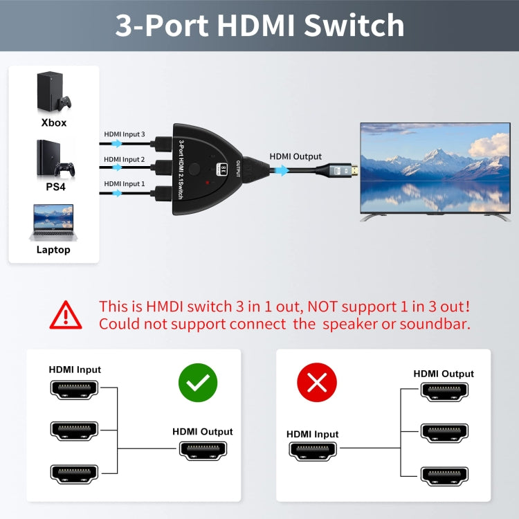 3 Port HDMI 8K Switcher Selector Box with Pigtail Cable (Black) - Switch by PMC TechLife | Online Shopping South Africa | PMC TechLife