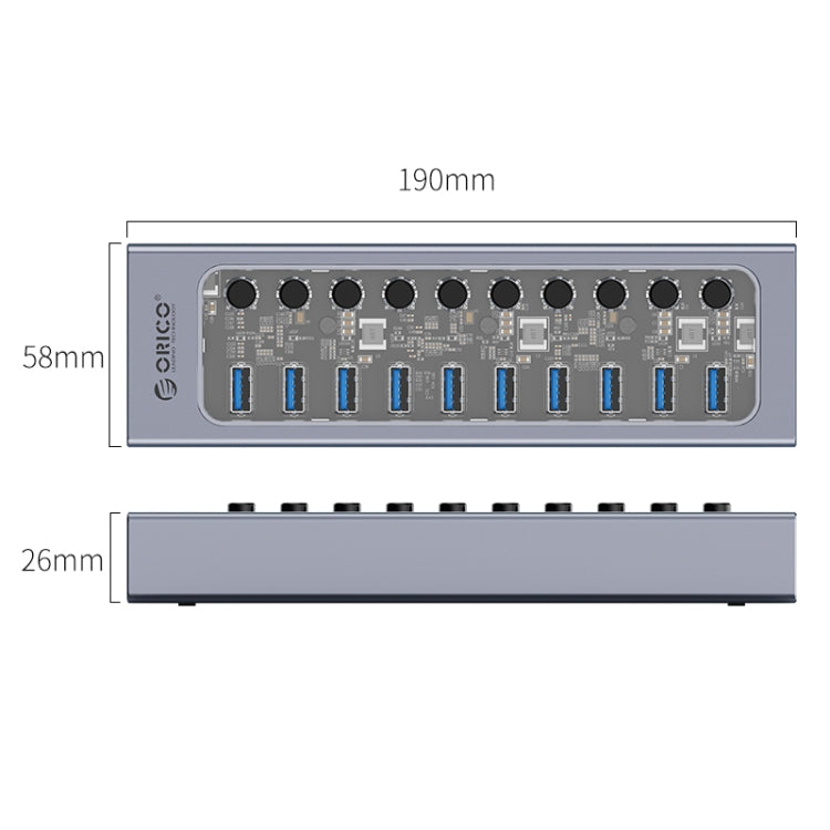 ORICO AT2U3-10AB-GY-BP 10 Ports USB 3.0 HUB with Individual Switches & Blue LED Indicator, EU Plug - USB 3.0 HUB by ORICO | Online Shopping South Africa | PMC Jewellery | Buy Now Pay Later Mobicred