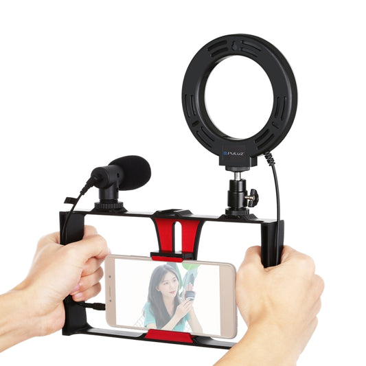 PULUZ 3 in 1 Vlogging Live Broadcast Smartphone Video Rig + Microphone +  4.7 inch 12cm Ring LED Selfie Light Kits with Cold Shoe Tripod Head for iPhone, Galaxy, Huawei, Xiaomi, HTC, LG, Google, and Other Smartphones(Red) - Camera Cage by PULUZ | Online Shopping South Africa | PMC Jewellery | Buy Now Pay Later Mobicred