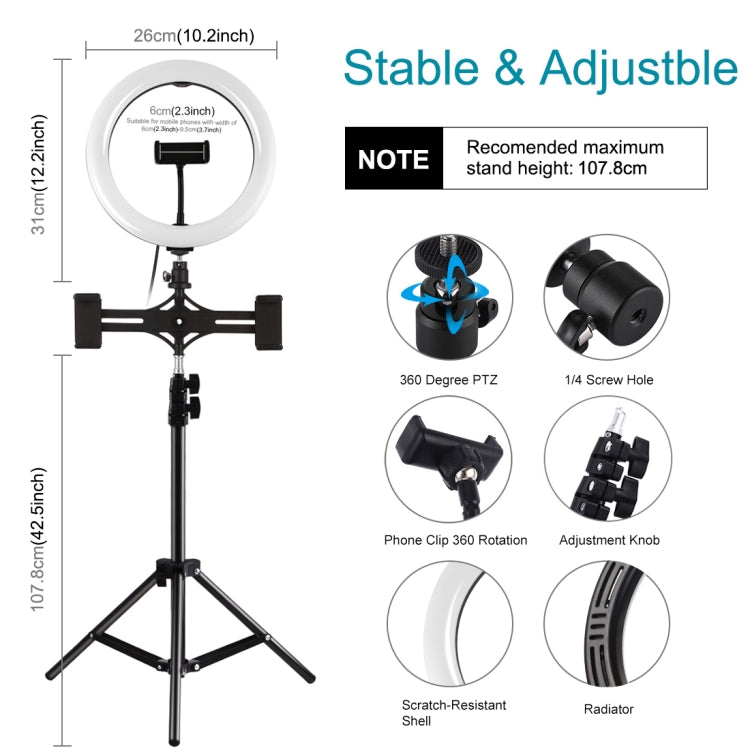 PULUZ 10.2 inch 26cm Light + 1.1m Tripod Mount + Dual Phone Brackets USB 3 Modes Dimmable Dual Color Temperature LED Curved Diffuse Light Ring Vlogging Selfie Photography Video Lights with Phone Clamp & Selfie Remote Control(Black) - Ring Light by PULUZ | Online Shopping South Africa | PMC Jewellery | Buy Now Pay Later Mobicred