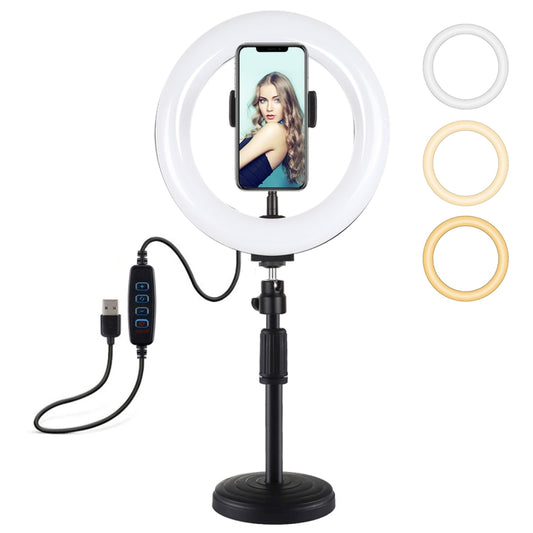 PULUZ 7.9 inch 20cm Light+ Round Base Desktop Holder USB 3 Modes Dimmable Dual Color Temperature LED Curved Light Ring Vlogging Selfie Photography Video Lights with Phone Clamp(Black) - Ring Light by PULUZ | Online Shopping South Africa | PMC Jewellery | Buy Now Pay Later Mobicred