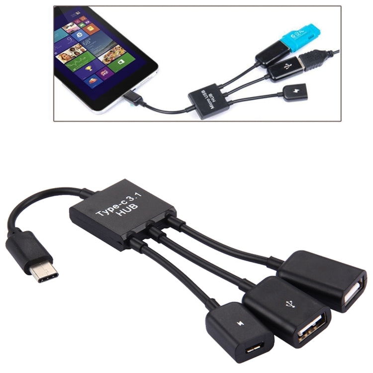 17.8cm 3 Ports USB-C / Type-C 3.1 OTG Charge HUB Cable, For Galaxy S8 & S8 + / LG G6 / Huawei P10 & P10 Plus / Xiaomi Mi 6 & Max 2 and other Smartphones(Black) - USB HUB by PMC Jewellery | Online Shopping South Africa | PMC Jewellery | Buy Now Pay Later Mobicred
