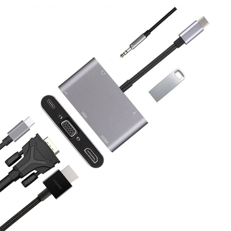 5 in 1 Type-C To HDMI + VGA + USB 3.0 + Audio Port + PD Port HUB Adapter(Grey) - USB HUB by PMC Jewellery | Online Shopping South Africa | PMC Jewellery | Buy Now Pay Later Mobicred