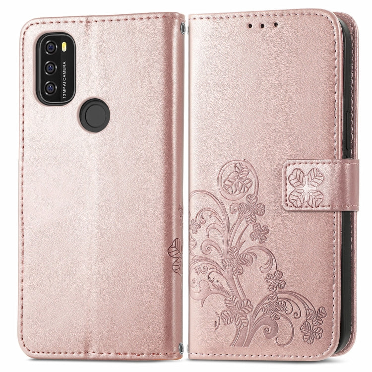 For Blackview A70 Four-leaf Clasp Embossed Buckle Mobile Phone Protection Leather Case with Lanyard & Card Slot & Wallet & Bracket Function(Rose Gold) - More Brand by PMC Jewellery | Online Shopping South Africa | PMC Jewellery | Buy Now Pay Later Mobicred