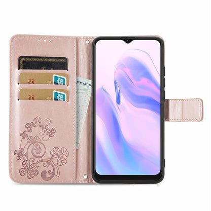 For Blackview A70 Four-leaf Clasp Embossed Buckle Mobile Phone Protection Leather Case with Lanyard & Card Slot & Wallet & Bracket Function(Rose Gold) - More Brand by PMC Jewellery | Online Shopping South Africa | PMC Jewellery | Buy Now Pay Later Mobicred