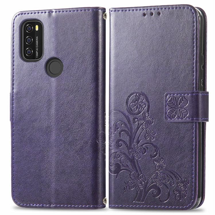 For Blackview A70 Four-leaf Clasp Embossed Buckle Mobile Phone Protection Leather Case with Lanyard & Card Slot & Wallet & Bracket Function(Purple) - More Brand by PMC Jewellery | Online Shopping South Africa | PMC Jewellery | Buy Now Pay Later Mobicred