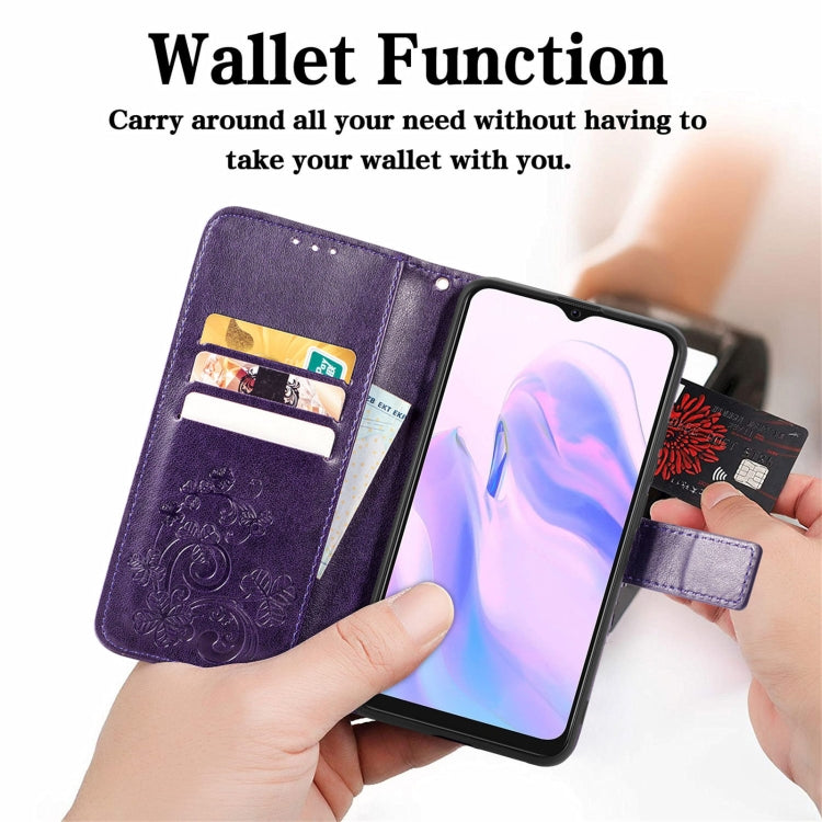 For Blackview A70 Four-leaf Clasp Embossed Buckle Mobile Phone Protection Leather Case with Lanyard & Card Slot & Wallet & Bracket Function(Purple) - More Brand by PMC Jewellery | Online Shopping South Africa | PMC Jewellery | Buy Now Pay Later Mobicred