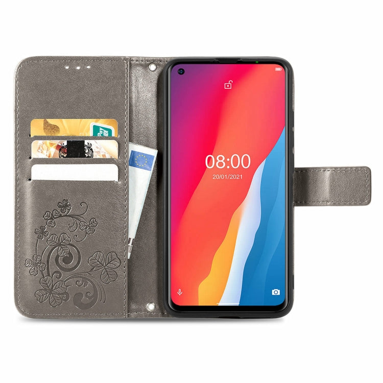 For Ulefone Note 11 Plus Four-leaf Clasp Embossed Buckle Mobile Phone Protection Leather Case with Lanyard & Card Slot & Wallet & Bracket Function(Gray) - Ulefone Cases by PMC Jewellery | Online Shopping South Africa | PMC Jewellery | Buy Now Pay Later Mobicred