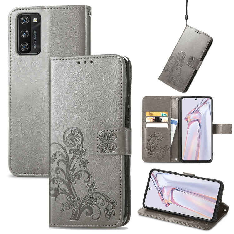 For Blackview A100 Four-leaf Clasp Embossed Buckle Mobile Phone Protection Leather Case with Lanyard & Card Slot & Wallet & Bracket Function(Grey) - free shipping - PMC TechLife - Order now!