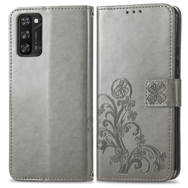 For Blackview A100 Four-leaf Clasp Embossed Buckle Mobile Phone Protection Leather Case with Lanyard & Card Slot & Wallet & Bracket Function(Grey) - free shipping - PMC TechLife - Order now!
